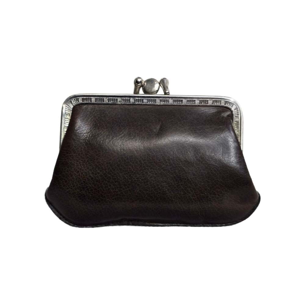 Vintage Mini Brown Genuine Leather Double Kiss-Lock Frame Coin Purse